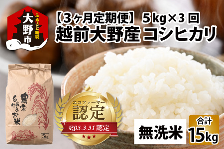 【令和6年産】【3ヶ月定期便】越前大野産 エコファーマー認定農家栽培こしひかり 無洗米 5kg × 3回 計15kg