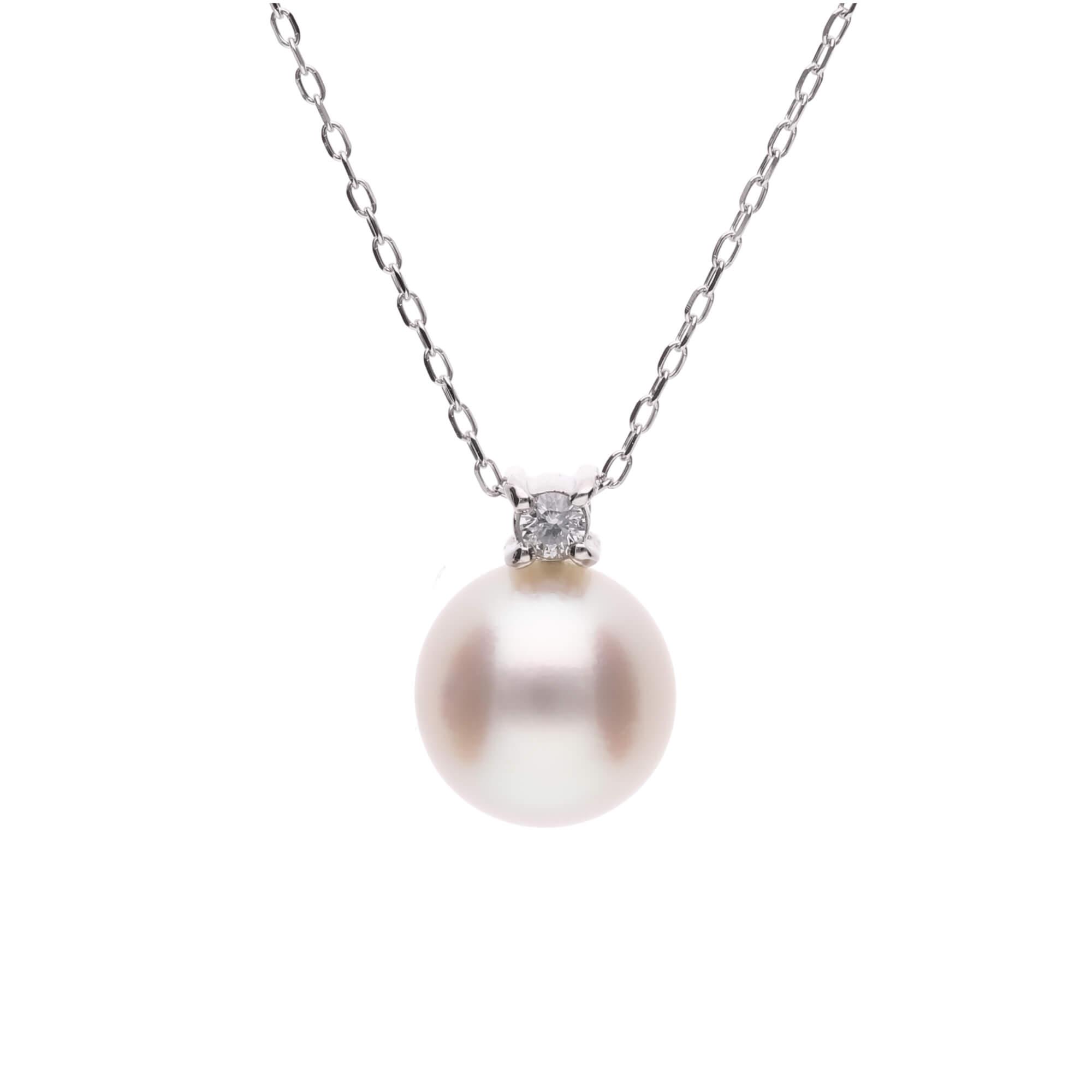 4月 誕生石 ダイヤモンド｜アコヤパール ペンダント ネックレス｜無調色 アコヤ真珠 8.0mm K10WG｜チェーン付き