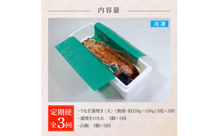 田野町産うなぎの蒲焼き(大) 1尾×3回 定期便 3ヶ月 定期コース 1尾あたり120～150g タレ付き 山椒付き うなぎ 鰻 ウナギ 蒲焼き かば焼き 無頭 おいしい 国産 お取り寄せ 冷凍 配送