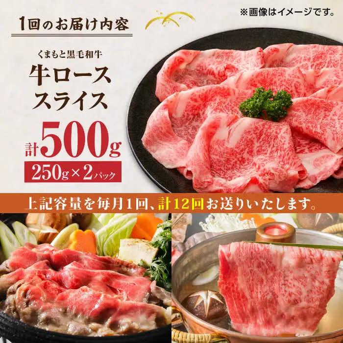 【12回定期便】くまもと黒毛和牛 牛ローススライス 牛すき・しゃぶしゃぶ用 500g（250g×2pc）【馬刺しの郷 民守】   熊本県産 九州産 和牛 お肉 肉 スライス すき焼き しゃぶしゃぶ 小