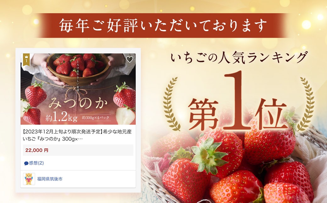 希少な地元産いちご 『みつのか』 280g×4パック 計1.12kg
