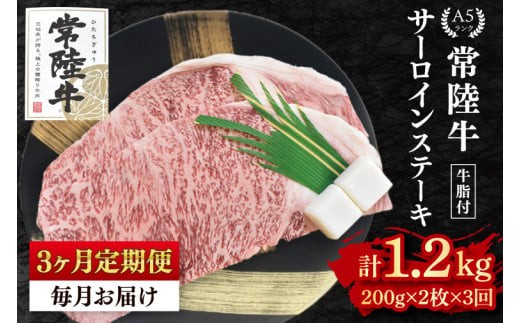 
                  【3ヶ月定期便】【常陸牛A5ランク】サーロインステーキ 400ｇ（200ｇ×２枚）冷凍 国産牛 和牛 肉 牛肉 ステーキ 小分け お取り寄せ 老舗精肉店 肉の加治 茨城県 水戸市（EK-1_1）
                