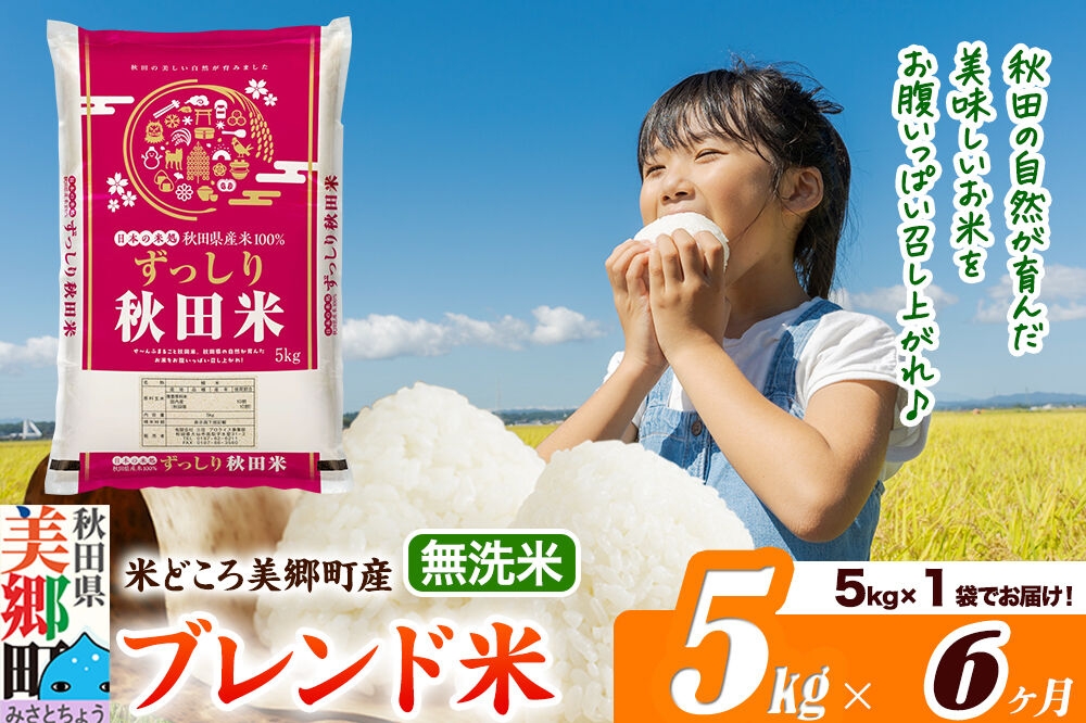 
                  米《定期便6ヶ月》ブレンド米【無洗米】精米 5kg（5kg×1袋）秋田県美郷町産 [5kg袋 お米 こめ ご飯 ごはん 米どころ 秋田県産 美郷町]
                