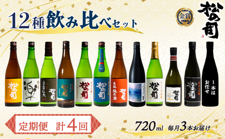 定期便 日本酒 松の司 12本 ( 3種類 × 4回 ) 720ml 1本お任せ 純米吟醸 「楽」 「AZOLLA50」 「生もと純米酒」 「陶酔」 「純米酒」 「竜王山田錦」 「みずき」 「黒」 「限定純米酒」 「純米吟醸」 「Ultimus」金賞 受賞酒造 