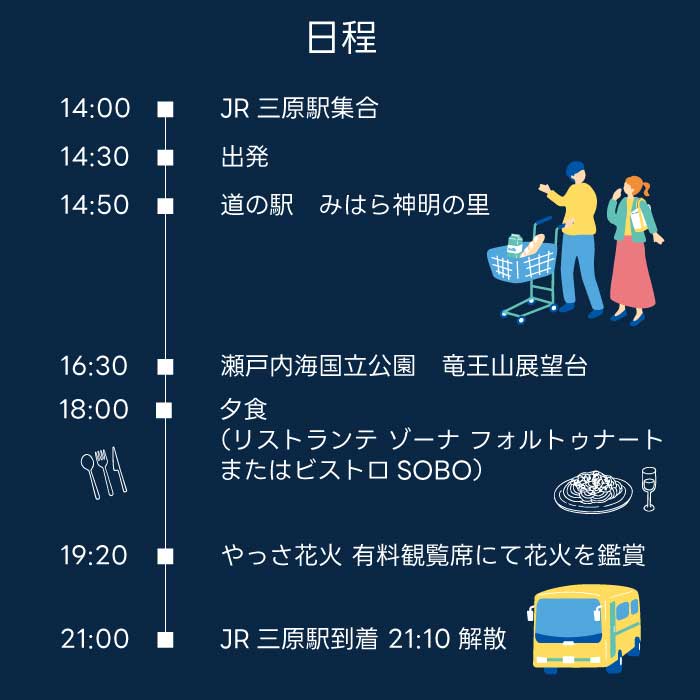 【2026年8月9日（日）】やっさ花火フェスタ観覧席バスツアー 大人2名様 花火大会 夏祭り 祭り まつり はなび 特別席 イベント 瀬戸内海 道の駅 食事つき 広島県三原市 ヤッサ  043073