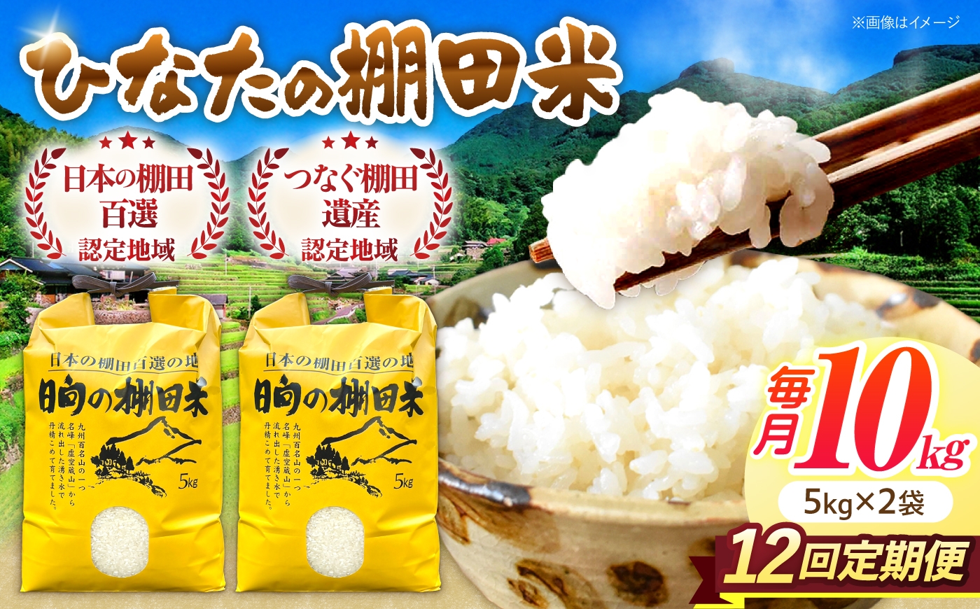 
                  【12回定期便】虚空蔵の清流水で育った棚田米『ひなた米』 10kg (5kg ×2袋) 【木場中山間管理組合】 [OCM056]
                