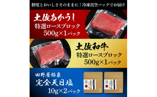 土佐あかうし＆土佐和牛2種食べ比べ 特選ロースブロック500g 計2P 田野屋銀象完全天日塩2P付 牛肉 肉 お肉 和牛 国産 牛 赤身 ヒレ カルビ ロース【株式会社LATERAL】 [BQAU08