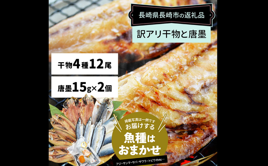 
            訳ありおまかせ干物 4種類 (12枚) とカラスミ詰め合わせ ／ ひもの 海の幸 魚介類 海鮮 唐墨 からすみ 長崎県 長崎市
          
