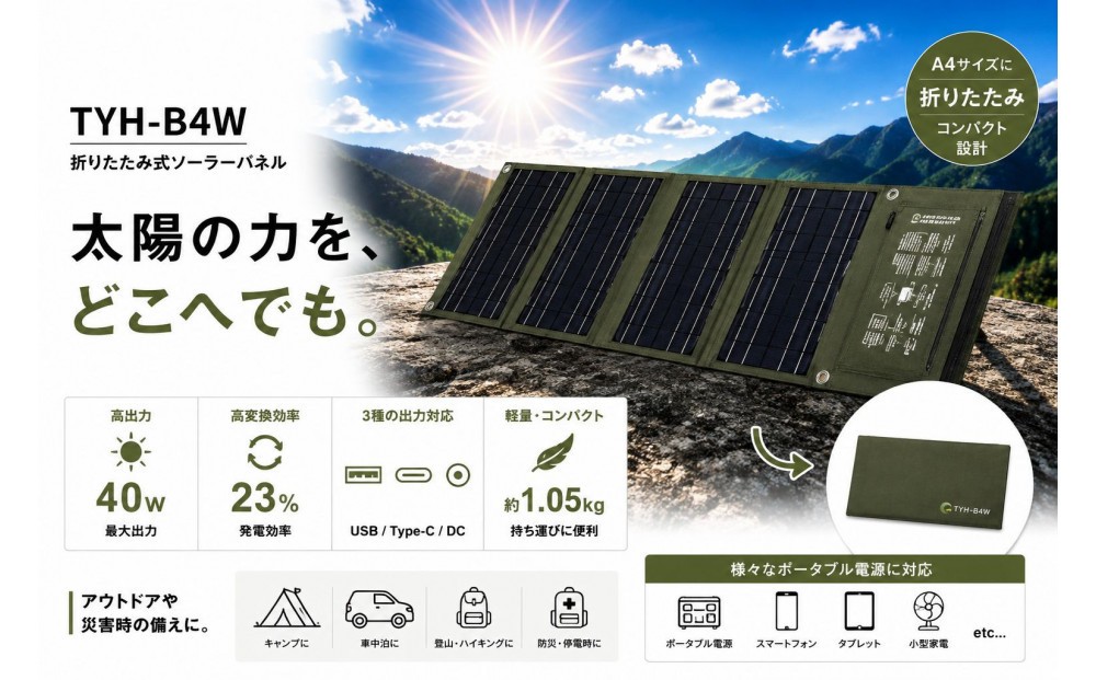 
            持ち運びできるソーラーパネル ハイパワー40W
          