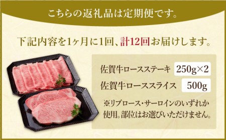 【全12回定期便】佐賀牛 ロース ステーキ・スライス定期（ステーキ 250g×2・スライス 500g）【肉の三栄】サーロイン リブロース[HAA050] 佐賀牛 牛肉 スライス 佐賀牛 牛肉 ステーキ