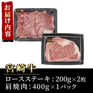 宮崎牛ロースステーキ(400g・200g×2枚)＆宮崎牛肩焼肉(400g)牛肉 精肉  焼肉 お肉 カタ 黒毛和牛 ブランド和牛 お取り寄せ セット 詰め合わせ 詰合せ 食べ比べ 国産 冷凍 BBQ【