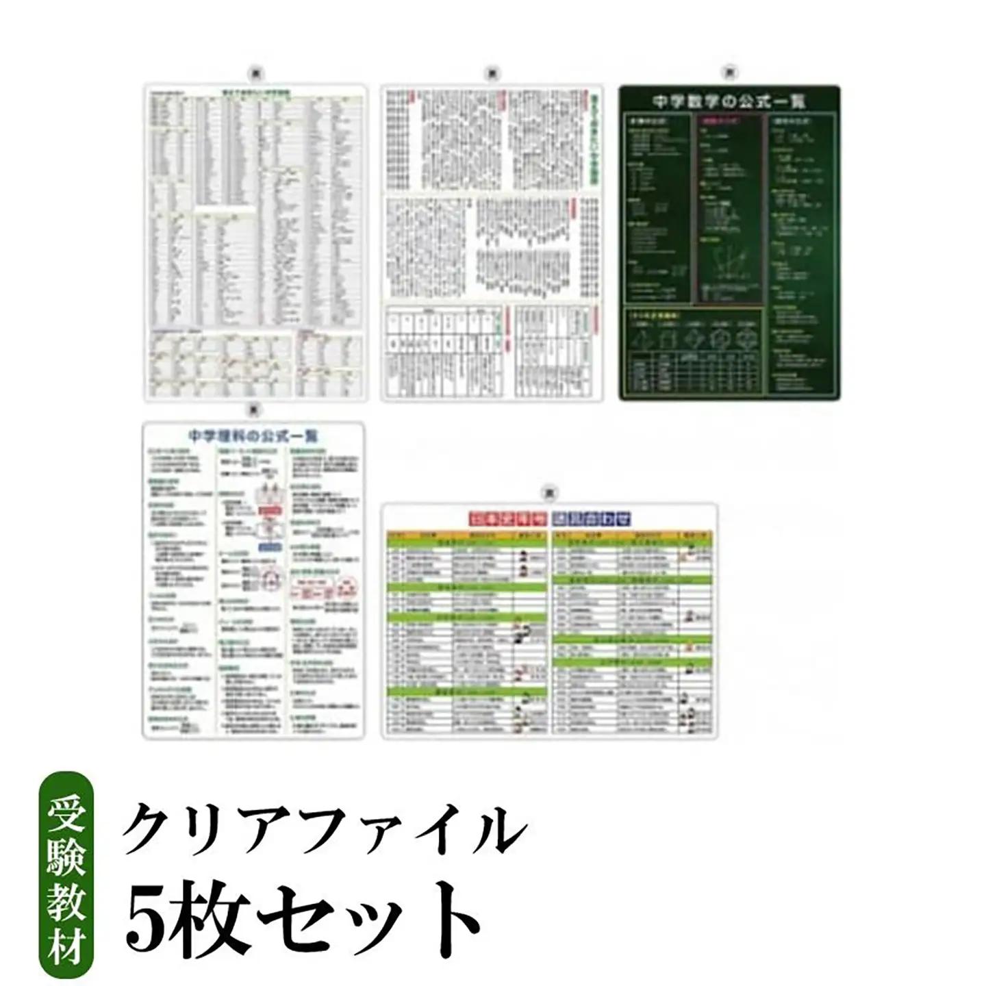 受験教材クリアファイル 5枚セット │ 茨城県 教材 つくば市 教材 クリアファイル 文房具 教材 ツール 高校受験 暗記 記憶 視覚 勉強 学習 受験 テスト 試験 隙間時間 中学生 理科 国語 数学 歴史 英語 5教科 セット フライング・エッグ  教材