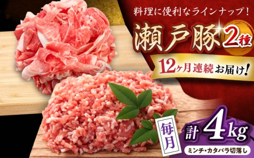 【全12回定期便】 瀬戸豚 豚肉2種セット(ミンチ＋カタバラ切り落とし) 計4kg / 豚肉 小分け ミンチ 切り落とし / 瀬戸市 / 関屋精肉店 [BBBQ194]