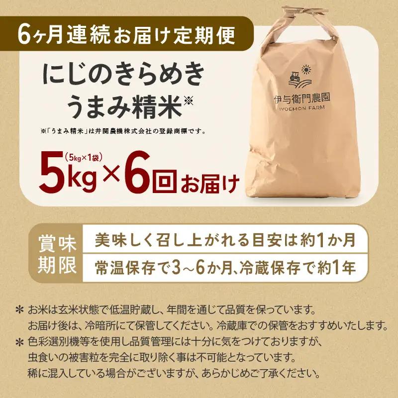 【先行予約】【令和8年産】 定期便 ≪6ヶ月連続お届け≫ にじのきらめき うまみ精米 5kg×6回／ 鮮度抜群 30キロ 福井県あわら産 お米 ※2026年10月上旬より順次発送 [aw071-f00