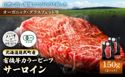 雄武産有機牛カラービーフ サーロイン（150g×2P） | 牛肉 有機牛 オーガニック グラスフェッド カラービーフ 有機JAS認定 サーロイン ステーキ 赤身が多い 旨み 牧草 放牧 安心 安全 脂肪控えめ 低脂肪 自然 オホーツク 有機牧草 環境に優しい 美容 健康 放牧牛 雄武町観光協会 菊地牧場 お取り寄せ 北海道 雄武町 雄武【01127】