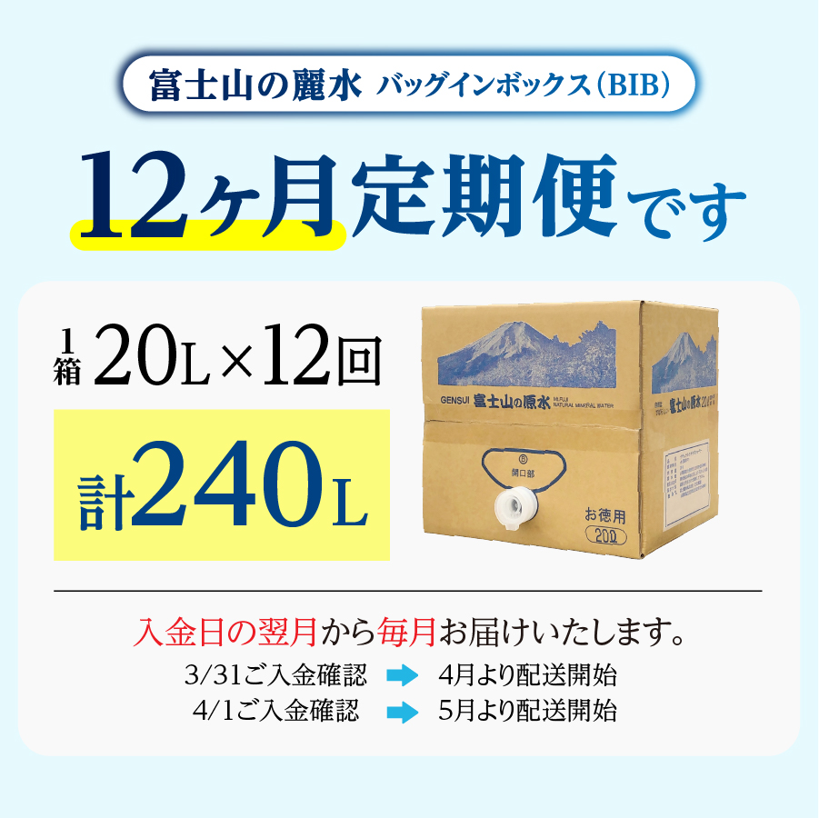 【12か月お届け】バナジウム天然水定期便 富士山の原水 20L BIB
