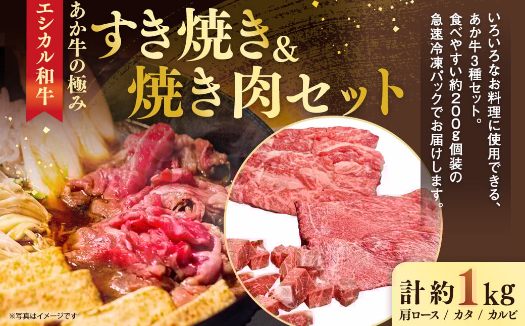 【エシカル和牛】あか牛の極み・すき焼き＆焼肉セット 計約1kg 赤牛 あか牛 すきやき 焼き肉 焼肉 セット カタ バラ 角切り