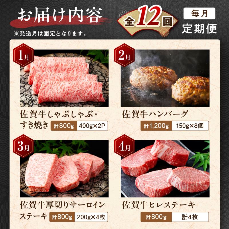 【発送月固定 定期便】肉のプレミアム定期便! 毎月 佐賀牛 をお届け!全12回 J1173