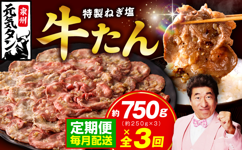 【定期便】ねぎ塩 牛たん 750g 全3回 【毎月配送コース 牛タン 牛肉 焼肉用 薄切り 訳あり サイズ不揃い 大阪 泉佐野 大阪府 泉佐野市】