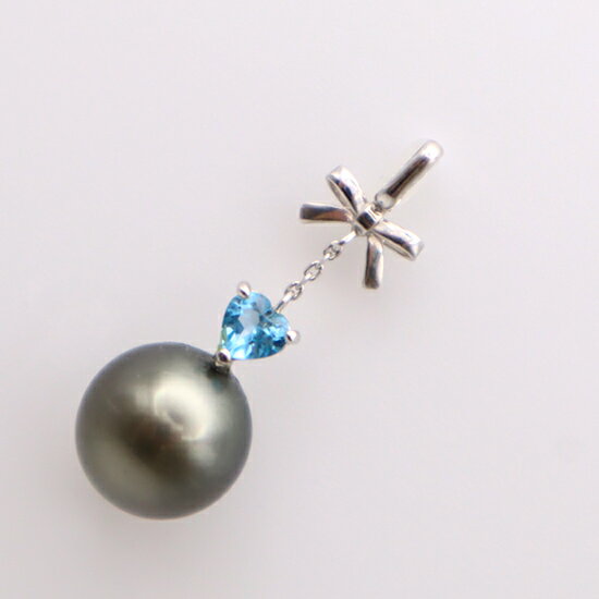 【ふるさと納税】1937 K14WG タヒチ黒蝶真珠10.2mm　ハートシェープブルートパーズ　ペンダントトップ　サービスチェーン付