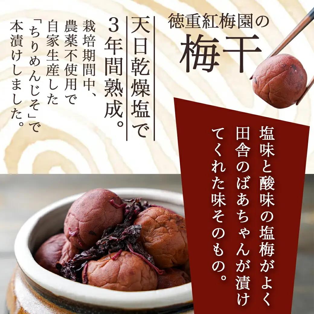 徳重ばあちゃんがつくった昔ながらの3年熟成梅干〔AD-49-001-1300g〕_(都城市) 500g×2と300gの計1.3kgのうめぼし 鶯宿梅(おうしゅくばい) すっぱい梅干し 梅ぼし 伝統農法