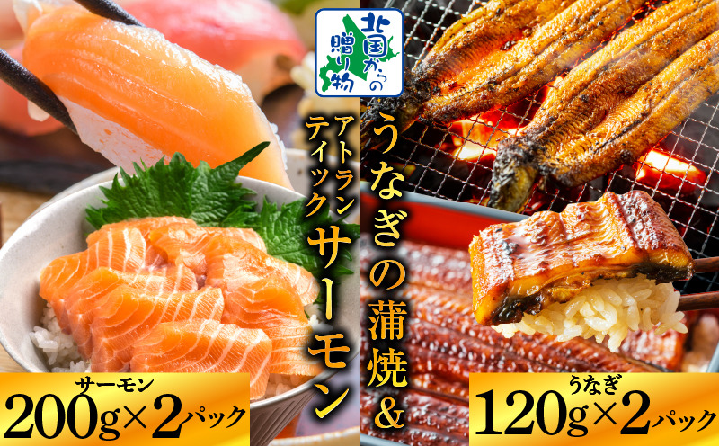020C405 【食べ比べ】五郎藤 国産 有頭旨鰻 120g×2尾 ＆ アトランティックサーモン 200g×2P【人気 食べ比べ 数量限定 丼 小分け 北国からの贈り物】
