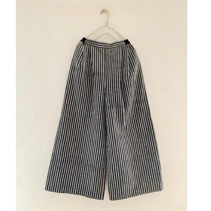 会津木綿ワイドパンツ（茶系）　【07208-0218-3】