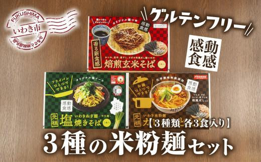 
【グルテンフリー】3種の米粉麺セット（いわき米粉麺カレーうどん・いわきねぎ麺塩焼きそば・焙煎玄米そば　3食入×各1箱）
