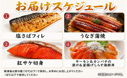 【全4回】困った時の1品に！＼晩ご飯直行／絶品おかず定期便（さば・鰻・サケ・海鮮丼）【tkb304】