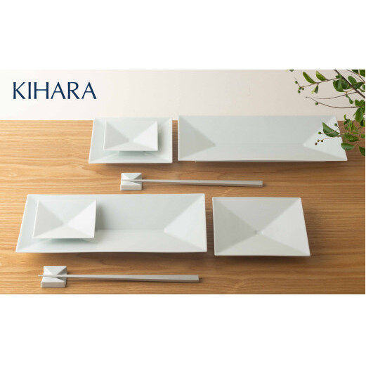 【川上元美デザイン】Rin 角皿3種 & 箸置 8点セット【KIHARA】有田焼 食器 器 うつわ 食器セット ペアセット プレート 取皿 角皿 メイン皿 箸置き はしおき サラダ カルパッチョ 白 
