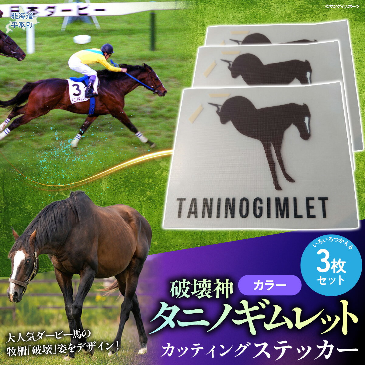 【ふるさと納税】【破壊神タニノギムレット】カッティングステッカー（カラー）3枚入り【 ふるさと納税 人気 おすすめ ランキング 馬 競馬 競走馬 引退馬 タニノギムレット ステッカー シール カッティングステッカー 日用品 日高 北海道 平取町 送料無料 】 BRTV113