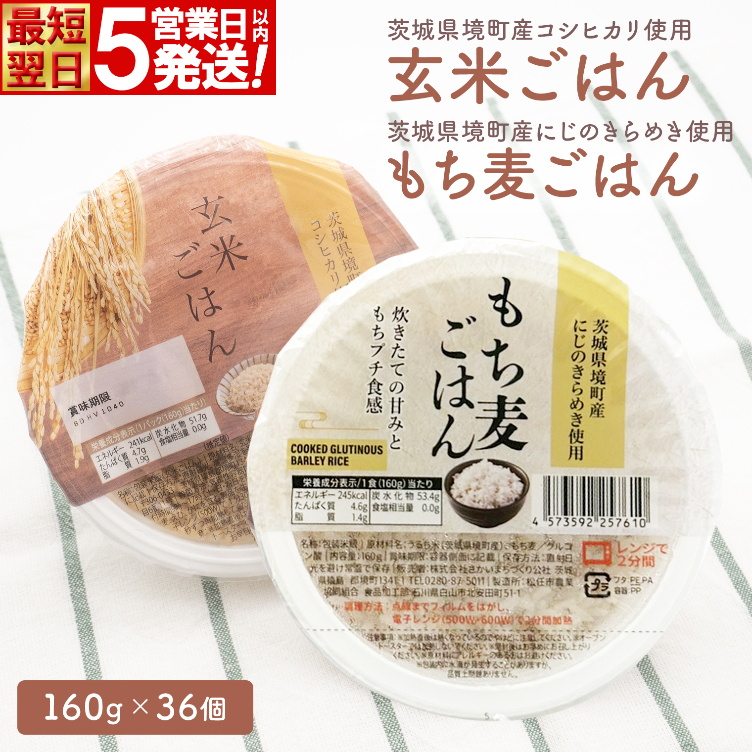 【最短翌日発送】茨城県境町産米使用 パックごはん 玄米・もち麦 各160g×18個 計36個 パックライス ライスパック K2675