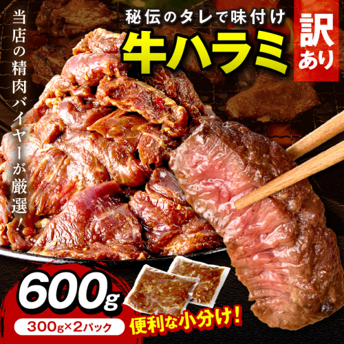 【訳あり】牛ハラミ（サガリ） 秘伝のタレ込み 味付け肉 600g（300g×2パック）＜牛肉 訳あり ハラミ サガリ 味付け肉 小分け 個包装 牛肉 タレ漬け 手作り 焼肉 肉 牛ハラミ わけあり 訳有り ワケアリ 焼肉 日用品 送料無料＞