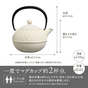 南部鉄器 急須 アーガイル（ミルクホワイト） 0.6L 【及春鋳造所 作】 伝統工芸品 キッチン用品 食器 日用品 雑貨[Y0038]