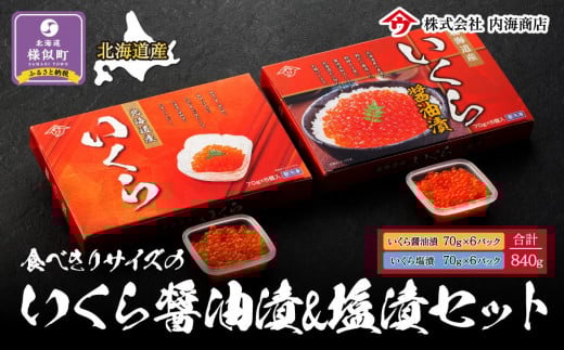 【先行予約】食べきりサイズのいくら醤油漬&塩漬セット 合計840g　｜北海道　様似町　いくら　イクラ　塩イクラ　塩　醤油イクラ　醤油　お取り寄せ　おつまみ　グルメ　