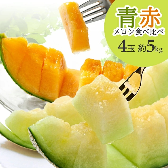 SB0691　メロン食べ比べ『品種おまかせ(青肉・赤肉)メロン 』　約5kg 計4玉(各2玉入)