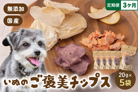 【3か月定期便】いぬのご褒美チップス20g×5袋 ペットフード 犬 無添加  おやつ 美味しい ご褒美 ドッグフード ドライ  犬用 いぬ用 愛犬用 R030-028