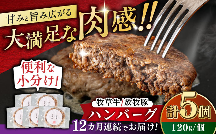 【全12回定期便】　【牧草牛×放牧豚】ハンバーグ 5個 《厚真町》【GOODGOOD株式会社】 ハンバーグ 牛肉 豚肉 小分け 冷凍配送 北海道 [AXBP029]