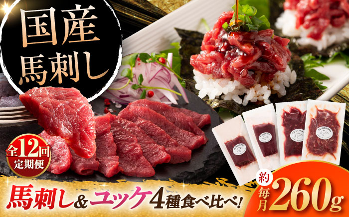 
            【全12回定期便】【本場・熊本特産】馬刺し4種の食べ比べ 3890 / 熊本県 菊陽町 ばさし 馬刺し ゆっけ ユッケ 赤身 あかみ たれ タレ 旨 うま ご褒美 脂 お祝【株式会社フジチク】 [BHAD065]
          