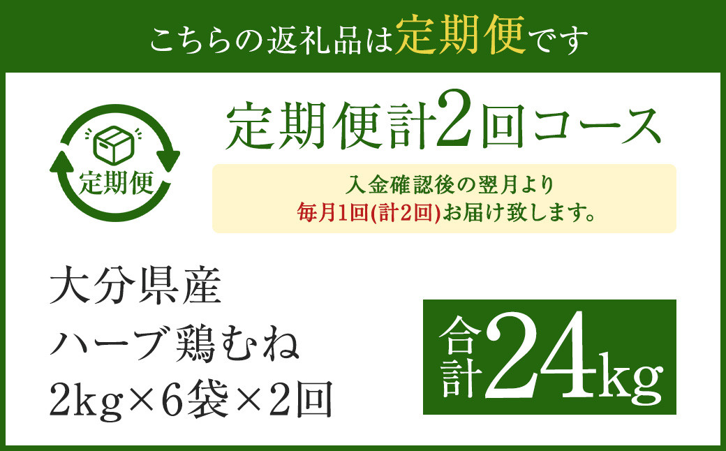 【1ヶ月毎2回定期便】大分県産ハーブ鶏むね 計24kg