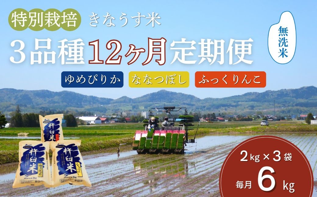 
                  【無洗米12ヶ月定期便食べ比べセット】特別栽培「きなうす米」 毎月3品種×2kg計6kg　Q002
                