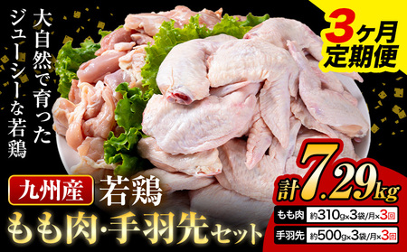 【3ヶ月定期便】 九州産 若鶏もも肉（310g×3袋）・手羽先セット（500g×3袋） 計2.43kg  鶏肉 肉 鶏 手羽 唐揚げ 詰め合わせ セット 冷凍 九州 国産 熊本県 菊池市 送料無料《お