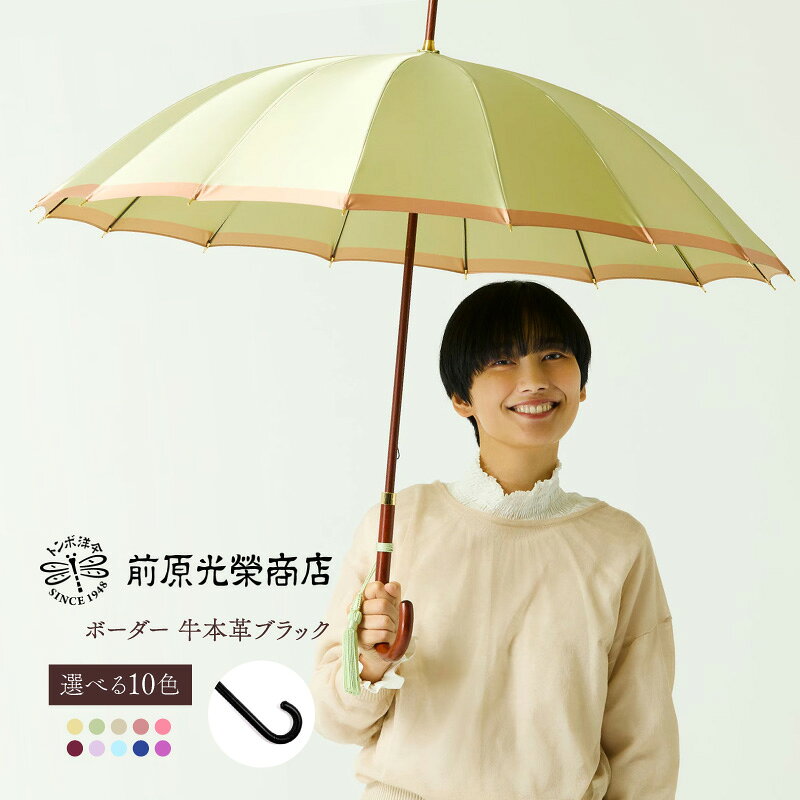 【ふるさと納税】【トンボ洋傘前原光榮商店】レディース「ボーダー」手元：牛本革ブラック（名入れ不可） 傘 レディース 雨傘 長傘 婦人 女性用 シンプル おしゃれ フォーマル カジュアル