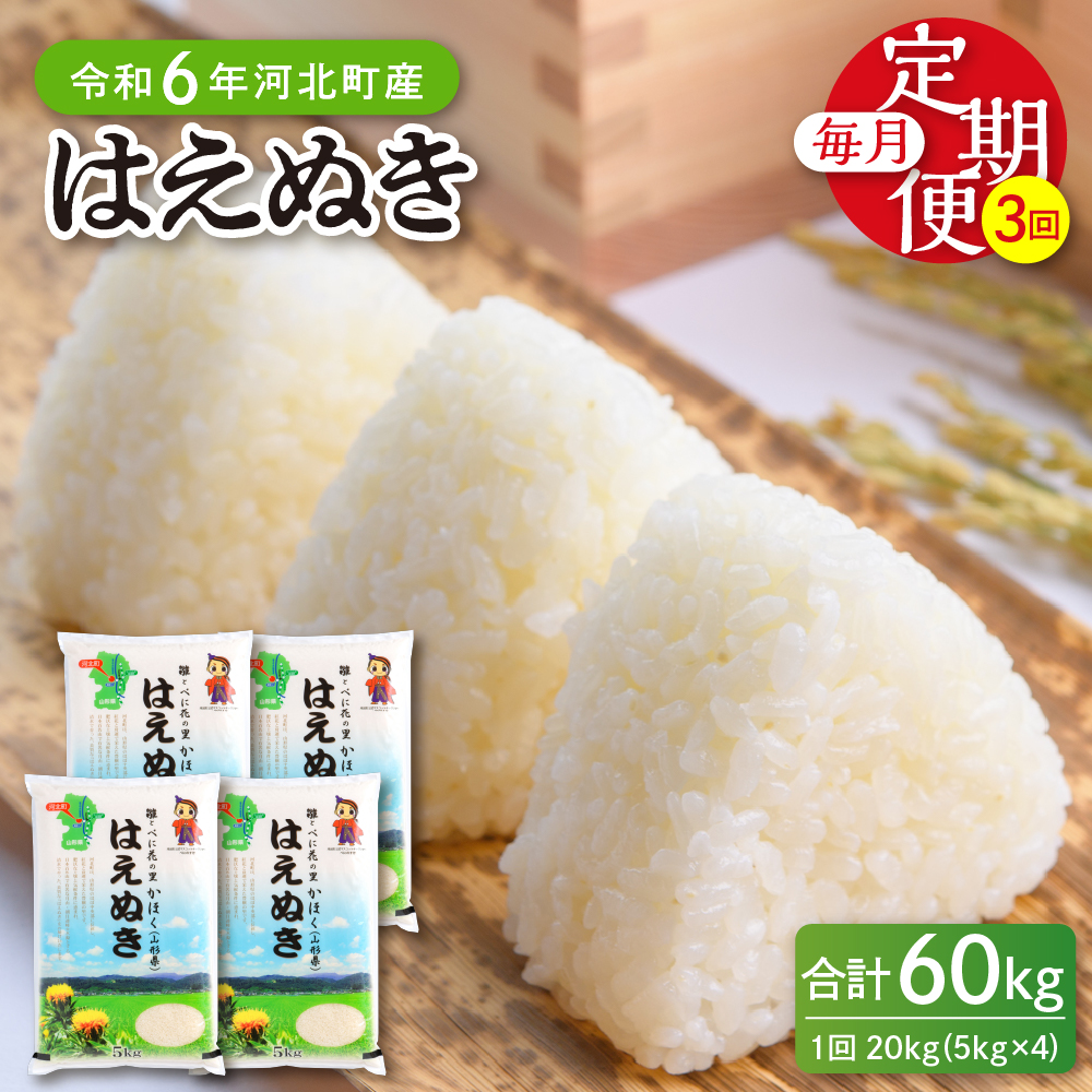 【令和6年産米】※2025年6月上旬スタート※ はえぬき60kg（20kg×3ヶ月）定期便 山形県産 【JAさがえ西村山】