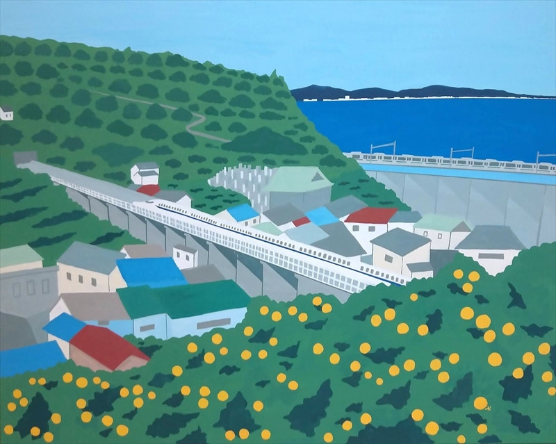 原画「石橋からの景色」【キャンパス原画 キャンパス 小田原 石橋　風景 みかん 山 相模湾 新幹線 803x1000x20mm 絵画 風景絵画 アート作品 屋内装飾 神奈川県 小田原市 】 142069_FH003