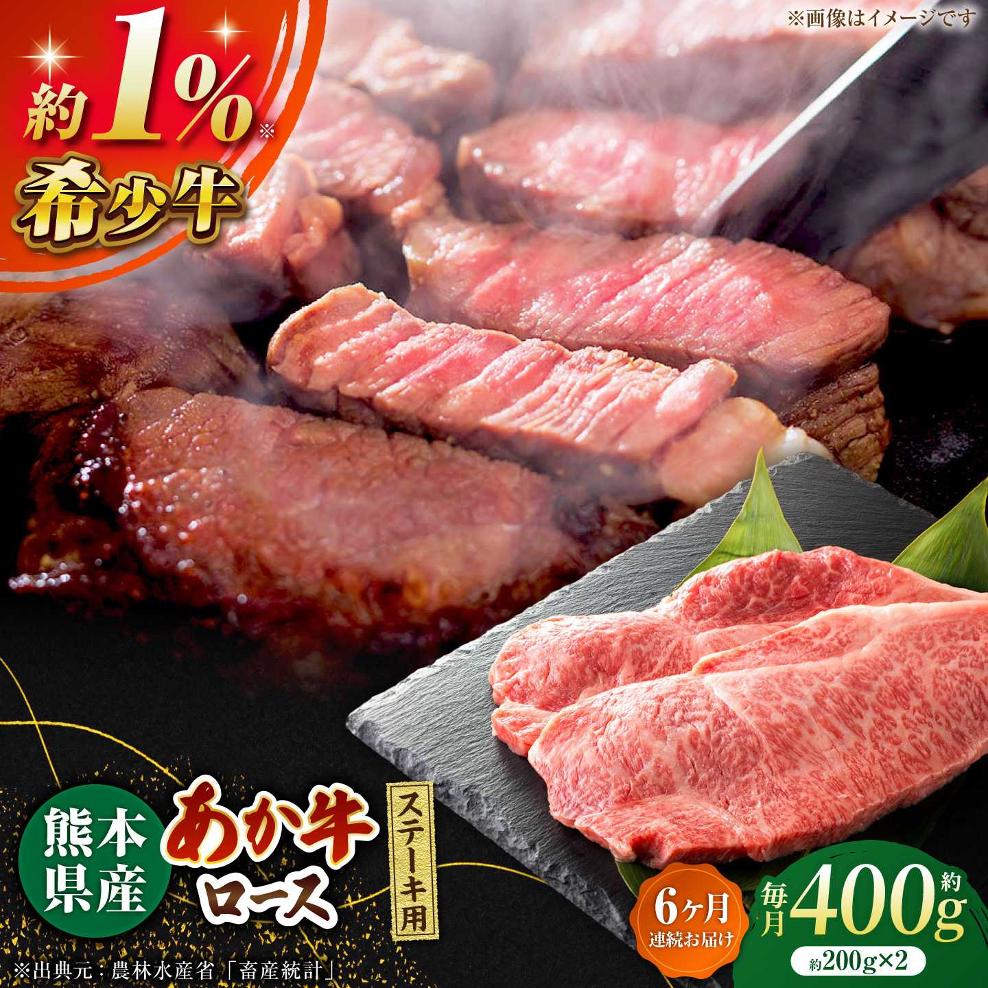 【ふるさと納税】【6回定期便】あか牛ロース ステーキ用 約400g（約200g×2枚）【吉里精肉】[ZEW049] 定期便 6回 6ヶ月 牛肉 牛 人気 評判 産地 希少 国産 おすすめ 高級 贅沢 厳選 あか牛 ロース ヘルシー 赤身 評価 ブランド ステーキ 肉質 等級 上質