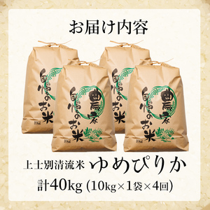 【F7196】《定期便・全4回》上士別清流米 ゆめぴりか (10kg×4回・計40kg) 米 お米 精米 白米 北海道米 ごはん ゆめぴりか 北海道産 士別産 5kg 40kg 定期便 【合同会社T&