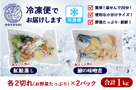 魚よし特製 湯せん調理2種セット(紅鮭蒸しと鯖の味噌煮)【煮付け 魚介蒸し 魚 お野菜 真空冷凍 湯せん調理 メインディッシュ 紅鮭蒸し 鯖の味噌煮】A8-F095005