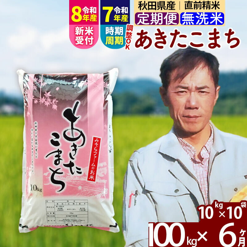 【ふるさと納税】※令和7年産／R8産新米予約※ 《定期便6ヶ月》秋田県産 あきたこまち 100kg【無洗米】(10kg袋) 2025年産 2026年産 令和8年産 お届け周期調整可能 隔月に調整OK お米 みそらファーム [みそらファーム 秋田 お米]
