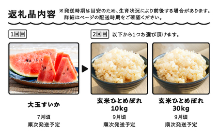 【2回定期便】大玉すいか 米 新米 ひとめぼれ 玄米 30kg 令和8年産 gt-tkshx30